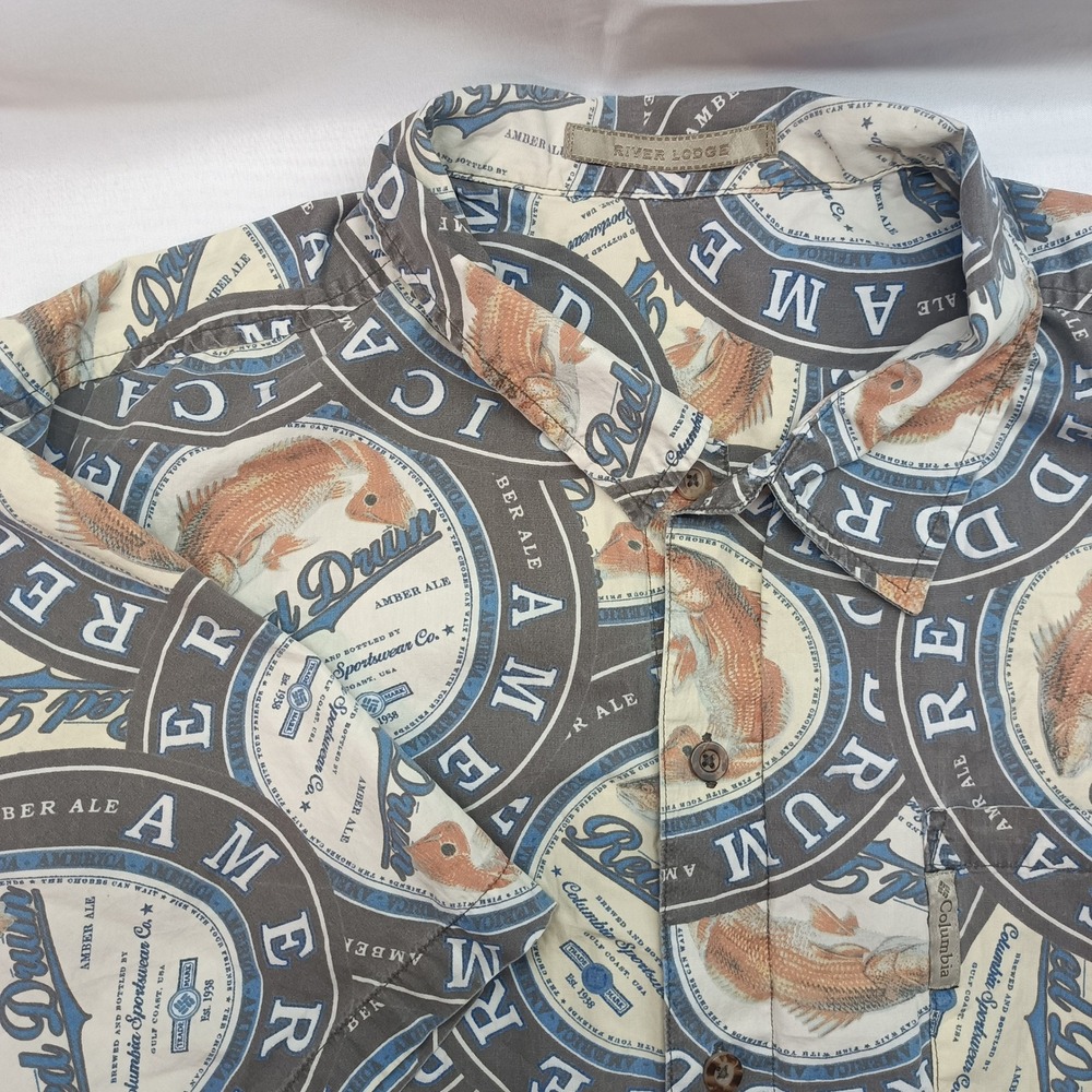 Columbia River Lodge Men XL Red Drum Amber Ale Beer Label Print Shirt Vtg Casual